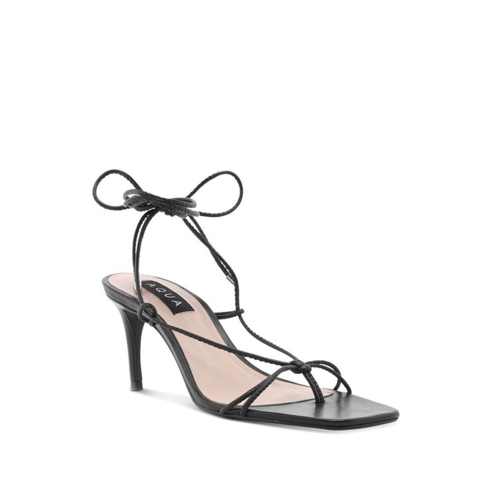 AQUA Womens Black Strappy Padded Dirlene Square Toe Stiletto Leather Sandals 6 B